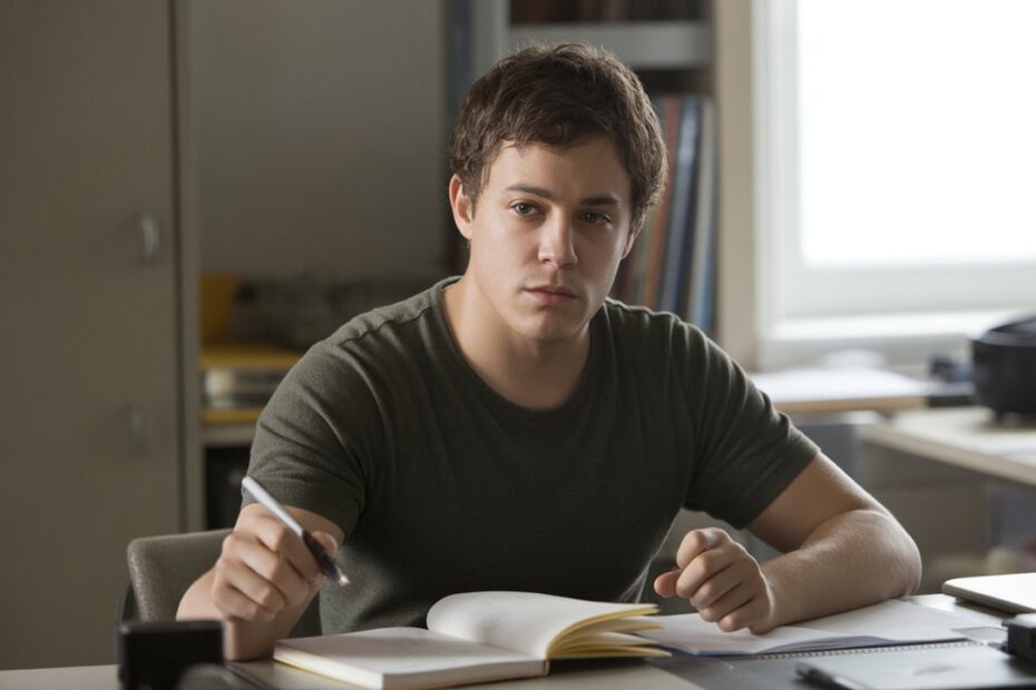jovem estudando com caderno aberto à luz da tarde
