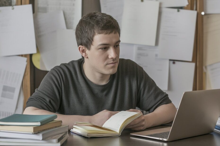 jovem estudando em uma mesa com cadernos