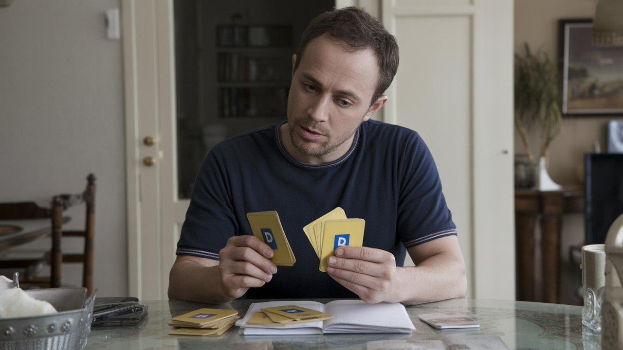 homem usando flashcards em uma mesa de jantar