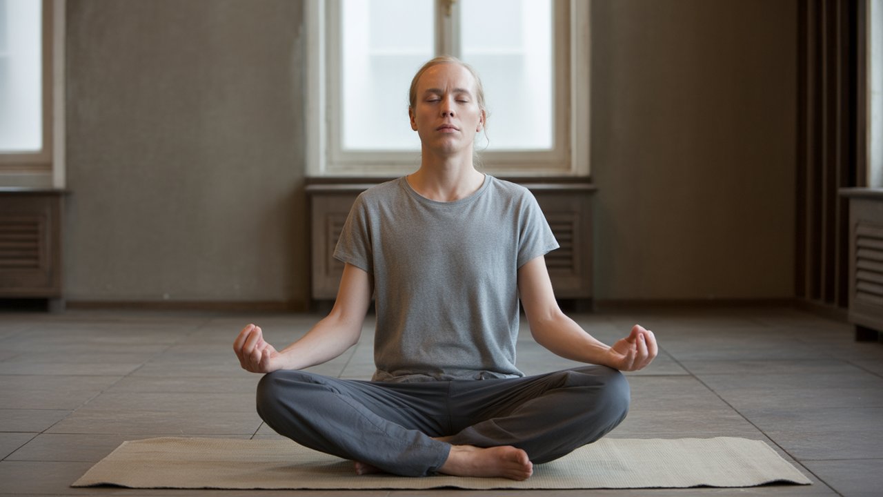 pessoa respirando fundo em posição de meditação